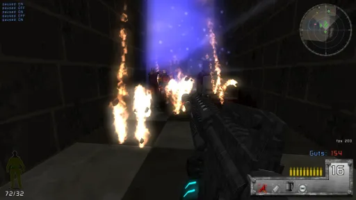 Revelade Revolution survival-mode screenshot in a narrow tiled corridor, showing the player firing into a zombie group with flame or projectile effects, minimap, ammo counter, weapon icons, FPS, and health and armor silhouette.