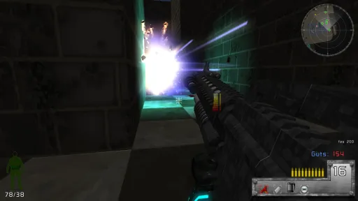 Revelade Revolution weapon and HUD combat screenshot showing a bright blue explosion or energy impact around a corner.