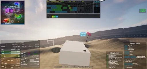 Supervolito HUD and test-vehicle screenshot on the Ovaltine race track, showing a prototype car with vehicle stats, controls, minimap, and development overlays visible.