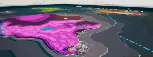 Supervolito overhead debug world-map screenshot viewed from above the Old Harbor track, showing colored biome regions, route lines, ocean areas, and debug labels.