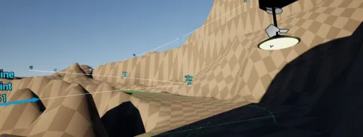 Supervolito blockout screenshot of Old Harbor, looking up a steep ridge incline with low-poly terrain, spline paths, checkpoint markers, and track guide lines.