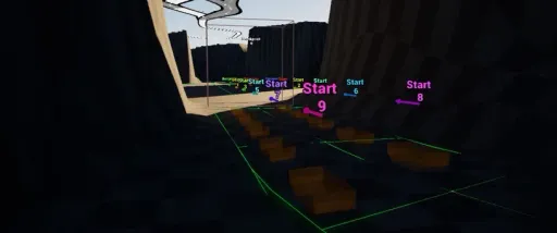 Supervolito Bone Dry starting line screenshot, showing numbered start positions, green guide lines, and track markers inside a cave-like tunnel opening.