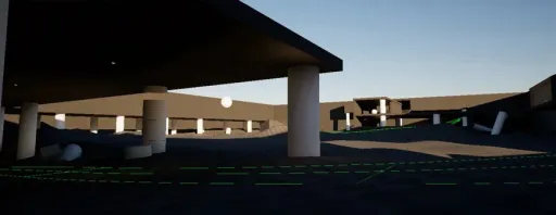 Supervolito Ovaltine race track screenshot showing the arena area beneath large roof structures and columns, with green spline guides across the road surface.