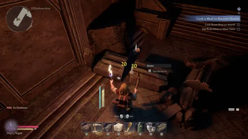 The Lord of the Rings: Return to Moria gameplay screenshot showing a dwarf mining stone at night by torchlight while the Cook a Meal to Recover Health objective is active.