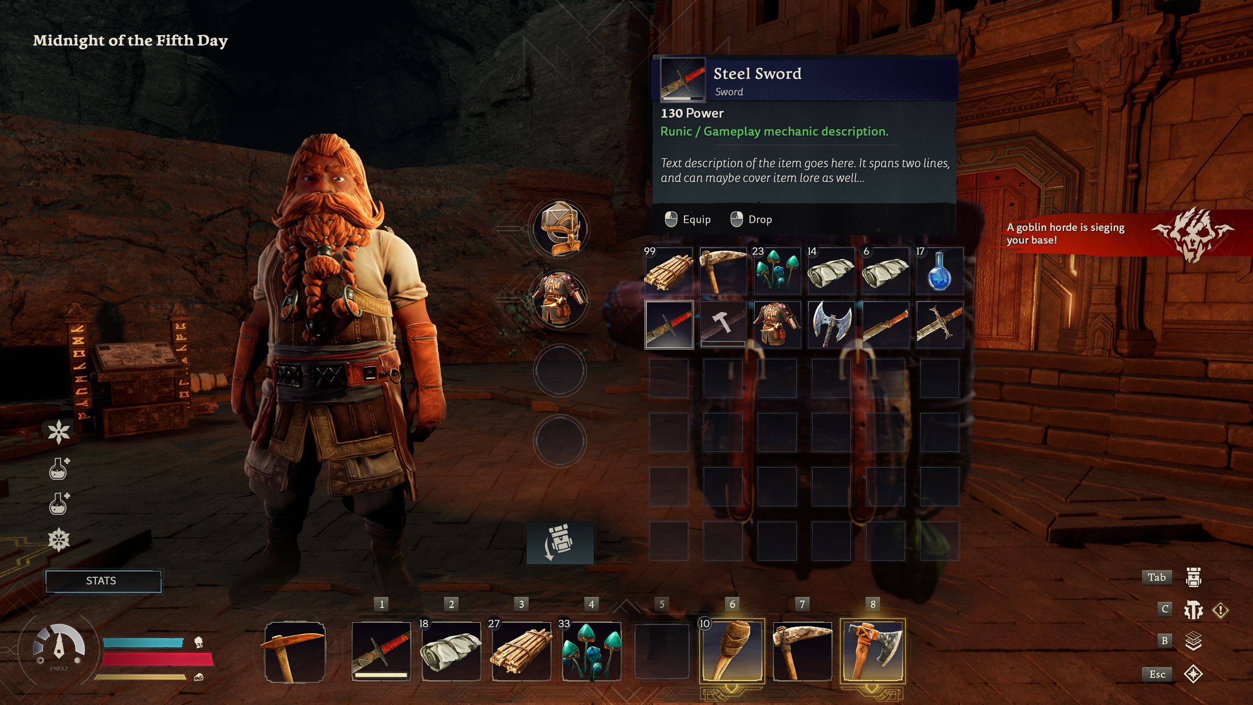 The Lord of the Rings: Return to Moria inventory screenshot showing a dwarf character with the inventory open, highlighting a Steel Sword item while a goblin horde siege warning appears nearby.
