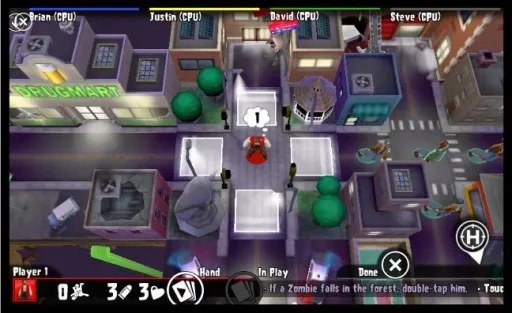 Zombies!!! Video Game gameplay screenshot showing a player turn in progress, with survivor and zombie pieces on a city block near the Drugmart building and card/action UI along the bottom.