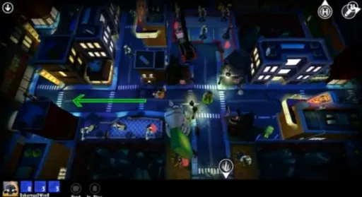 Zombies!!! Video Game gameplay screenshot showing the city board at night with a green movement arrow, zombies scattered through the streets, and player controls visible at the bottom.