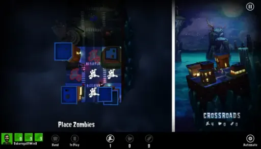 Zombies!!! Video Game gameplay screenshot showing the Place Zombies phase, with blue placement squares on the board and a Crossroads tile preview on the right.