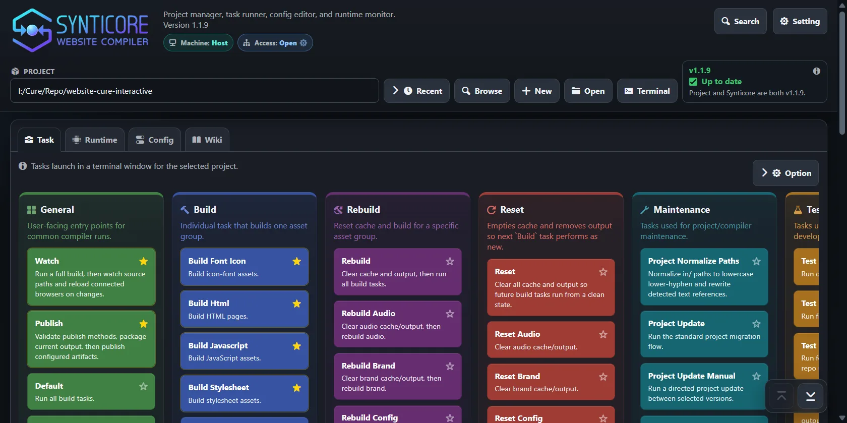Screenshot of the Synticore Website Compiler interface, displaying categorized one-click tasks for building, rebuilding, and resetting website components.